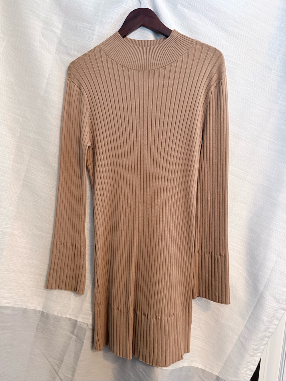 Halogen Ribbed Long Sleeve Short Knit Dress in Camel/Tan
